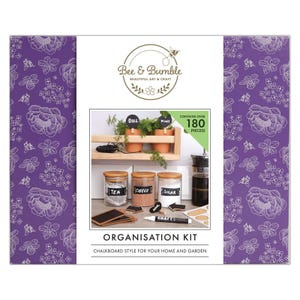 May include: A Bee & Bumble organisation kit with over 180 chalkboard style labels and stickers for home and garden. The kit includes labels for tea, coffee, sugar, dill, and mint. The labels are white with black lettering and are designed to be written on with chalk.