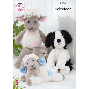 May include: Knitting pattern for a sheep and a dog. The pattern is called "Velveteen" and is number 9208. The sheep is white with brown legs and a pink heart on its chest. The dog is black and white with a white chest and a black nose.