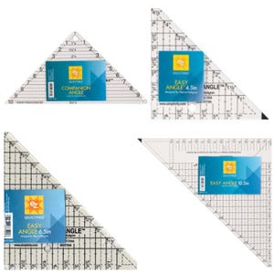 May include: Four clear plastic quilting triangles with grid lines and measurements. One reads "COMPANION ANGLE", and the others are labeled "EASY ANGLE" with sizes 4.5in, 6.5in, and 10.5in. Each has a blue and yellow label.