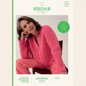 May include: A woman wearing a pink cardigan and matching pants, seated in a wooden chair. The image is a promotional shot for Sirdar yarn, with text including "LOVEFUL" and "BIO BLEND". The design number is 10913.