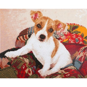 May include: A white and brown puppy with brown ears sits on a colorful patterned armchair. The puppy is looking directly at the camera.