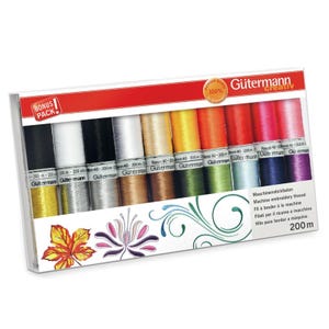 May include: A Gütermann Creativ bonus pack of machine embroidery thread containing twelve spools in various colors including black, white, silver, gold, yellow, orange, red, pink, and purple. Each spool contains 200 meters of rayon thread.