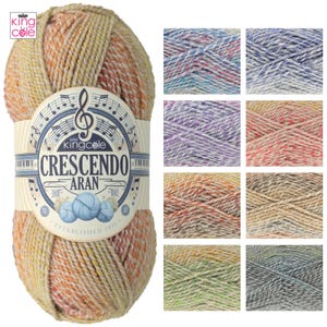 Könnte beinhalten: Eine Garnrolle in verschiedenen Farben, darunter Orange, Gelb und Braun. Das Garn ist mit "Crescendo Aran" und "King Cole" beschriftet und zeigt ein Notenbild. Das Garn wird mit anderen Garnrollen in verschiedenen Farben gezeigt.