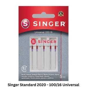 May include: A pack of five Singer Universal 100/16 sewing machine needles. The packaging is red and grey with the Singer logo, featuring five silver needles with purple and red shanks displayed in a clear plastic tray. Text includes Singer, Universal 100/16, and 5 PC.