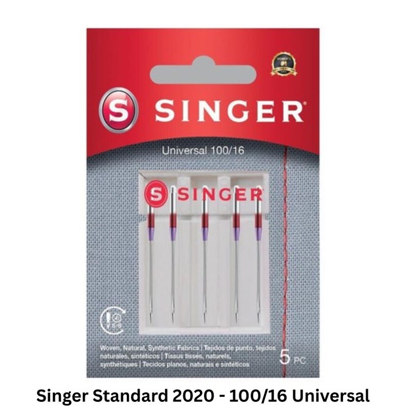 May include: A pack of five Singer Universal 100/16 sewing machine needles. The packaging is red and grey with the Singer logo, featuring five silver needles with purple and red shanks displayed in a clear plastic tray. Text includes Singer, Universal 100/16, and 5 PC.