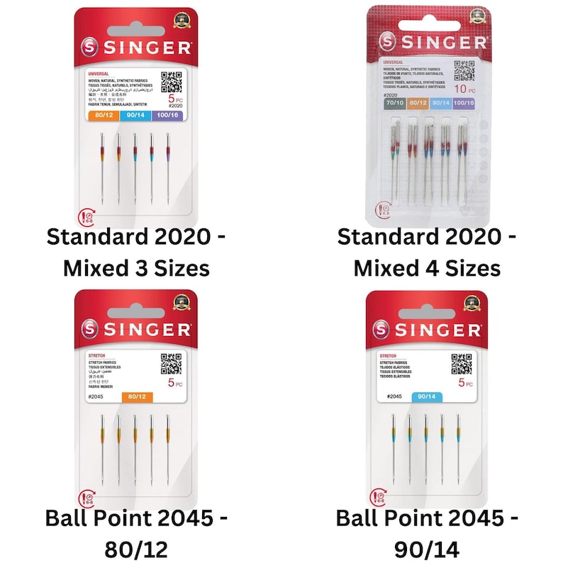 May include: Four blister packs of Singer sewing machine needles. Two packs contain Standard 2020 needles in mixed sizes 80/12, 90/14, and 100/16. Two packs contain Stretch Ball Point 2045 needles in sizes 80/12 and 90/14, featuring color-coded shanks.