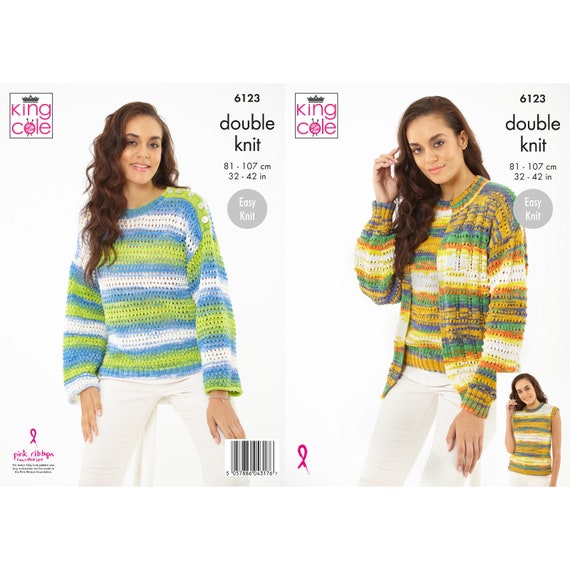 King Cole Ladies Easy Knit Sweater, Cardigan & Tank Top Knitting Pattern 6123 - Double Knit King Cole Ladies Easy Knit Sweater, Cardigan & Tank Top Knitting Pattern 6123 - Double Knit