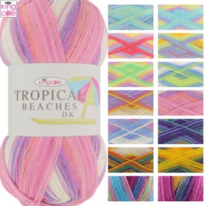 May include: A large ball of multi-colored yarn with pink, purple, orange, and white strands. The label reads "TROPICAL BEACHES DK" with an umbrella graphic. Additional yarn samples in various color combinations are displayed.