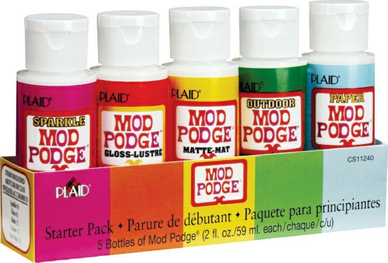 May include: A starter pack of five Mod Podge bottles, each 2 fl oz. The bottles are in a colorful box with the Plaid logo. The bottles include Sparkle, Gloss-Lustre, Matte-Mat, Outdoor, and Paper Mod Podge.
