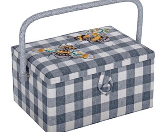 HobbyGift Nähkästchen (M) - Bestickt - Graue Gingham Bienen - Aufbewahrung - Geschenk