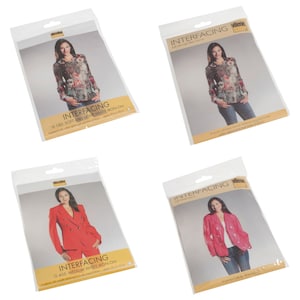 Könnte beinhalten: Vier Packungen Vilene-Vlieseline. Jede Packung zeigt ein Model, das ein anderes Kleidungsstück trägt, das die verschiedenen Gewichte und Arten von Vlieseline zeigt. Die Packungen sind mit dem Produktnamen, dem Gewicht und der Art der Vlieseline gekennzeichnet.
