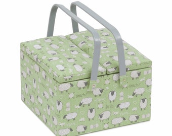 HobbyGift Large Twin Lid Sewing Basket Box - Square - Green Sheep Design