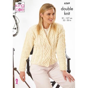 May include: A cream-colored double knit cardigan with a cable knit design. The garment is worn by a person sitting in a chair. The text "double knit" and measurements 32 - 50 in (81 - 127 cm) are visible.
