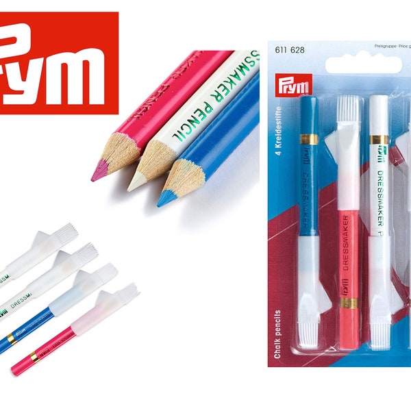 Prym 4x Crayons à craie avec pinceaux - Rose/Blanc/Bleu - Couture Tailleurs Craie