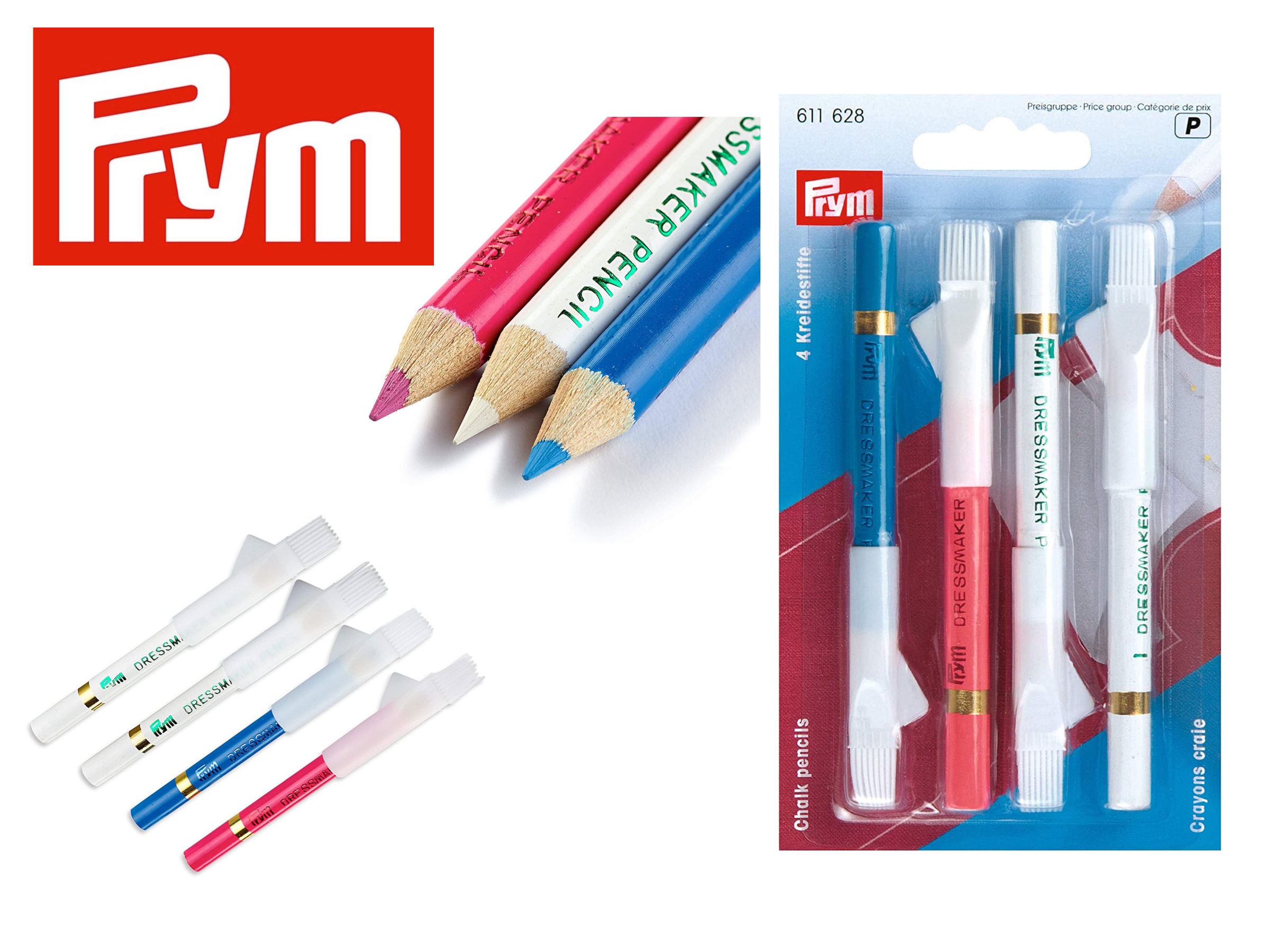 Prym 4x Crayons à craie avec pinceaux Rose/Blanc/Bleu Couture Tailleurs  Craie -  France