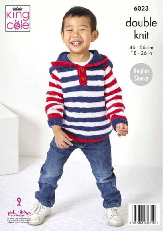 King Cole Childs Sweater, Hoodie & Crown Knitting Pattern 6023 - Double Knit King Cole Childs Sweater, Hoodie & Crown Knitting Pattern 6023 - Double Knit