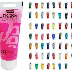 May include: A set of 72 tubes of Pebeo Studio Acrylics paint in various colors. The tubes are arranged in a grid pattern and are all the same size. The paint is high viscosity and is ideal for a variety of art projects.