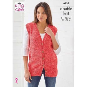 May include: Knitting pattern for a red double knit vest with buttons. The pattern is from King Cole and is number 6135. The vest is 32-50 inches in length.