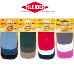 May include: Four packs of Kleiber Jeans-Flecken Mini patches in various colors: denim blue, green, red, and gray. Each pack contains three patches for repairing and reinforcing jeans. The packaging includes text in multiple languages.