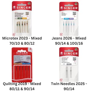 May include: Four packages of Singer sewing machine needles including Microtex 2023, Jeans 2026, Quilting 2019, and Twin Needles 2025. Each package features a red and white header with the Singer logo, clear plastic casing, and specific needle sizes.