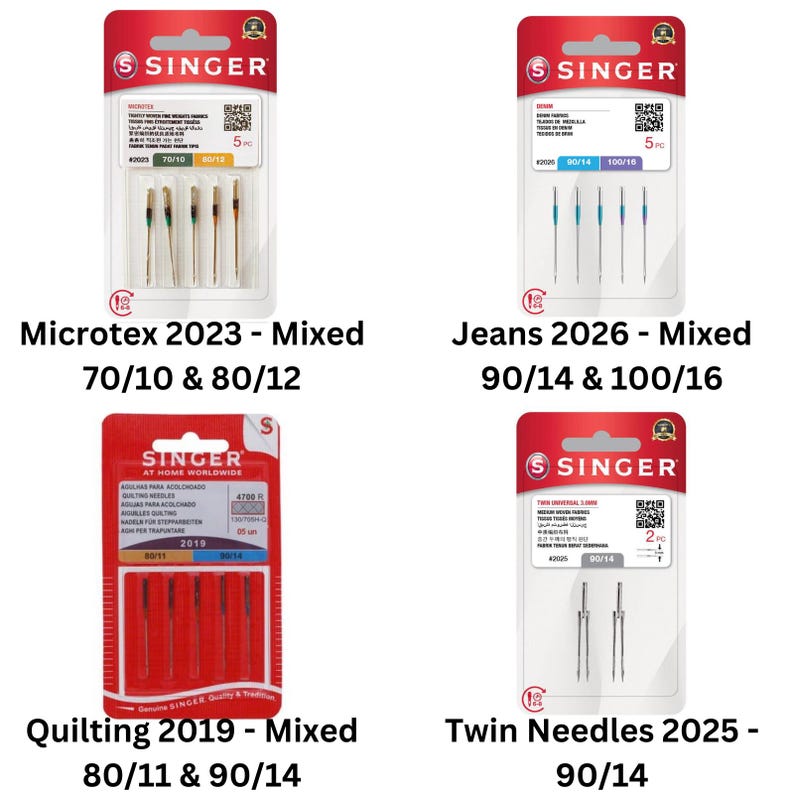 May include: Four packages of Singer sewing machine needles including Microtex 2023, Jeans 2026, Quilting 2019, and Twin Needles 2025. Each package features a red and white header with the Singer logo, clear plastic casing, and specific needle sizes.