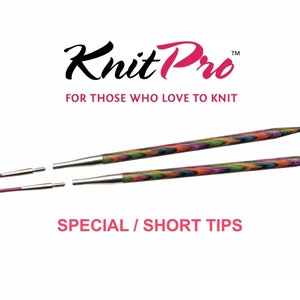 May include: A pair of interchangeable knitting needles with colourful wooden tips and silver metal shafts. The needles are labelled "Knit Pro" and "Special / Short Tips".