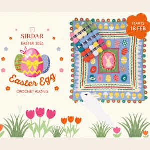 May include: An Easter-themed crochet project advertisement. The image features a colorful crochet blanket with Easter eggs and a bunny design, yarn skeins, and the text "Easter Egg Crochet Along". Starts Feb 18.
