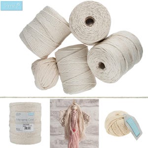 May include: An assortment of natural-coloured macrame cord spools, including a macrame angel doll with pink and beige yarn, and a ball of yarn with a tag. Ideal for crafting and DIY projects. The image shows various sizes and shapes of the cord.