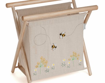 Bolsa de punto para coser HobbyGift - Diseño de abeja de lino con apliques - Manualidades y costura