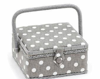 HobbyGift Small Sewing Box - Square - Grey Linen Polka Dot