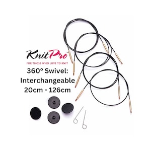 May include: Knit Pro 360° Swivel Interchangeable Knitting Needles in black and gold with a set of three black cable ends and two metal needle tips. The needles are available in sizes from 20cm to 126cm.