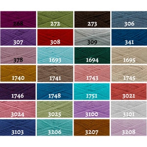 May include: A colour chart of yarn skeins with numbers 268, 272, 273, 306, 307, 308, 309, 341, 378, 1693, 1694, 1695, 1740, 1741, 1743, 1745, 1746, 1748, 1751, 3021, 3024, 3025, 3100, 3101, 3103, 3206, 3207, 3208.