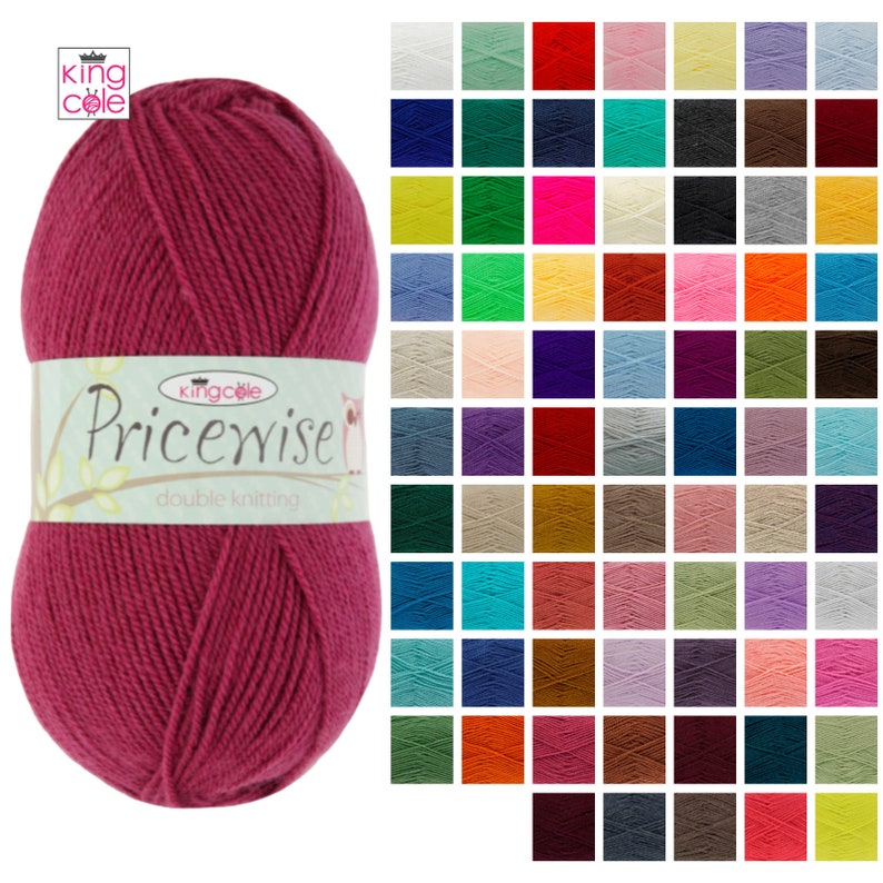 May include: A ball of deep red yarn labelled "Pricewise double knitting" by King Cole. A colour chart shows 100 different yarn colours.