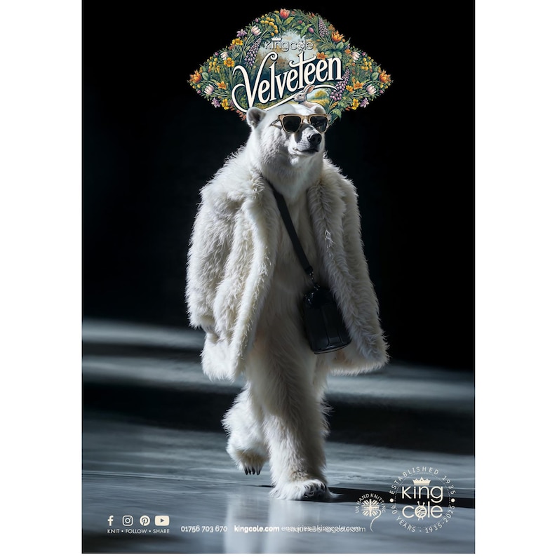 May include: A polar bear wearing a white fur coat, sunglasses, and a floral hat with the text "King Cole Velveteen" walks down a runway. The bear is carrying a black handbag.
