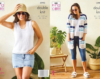 King Cole Ladies DK Knitting Pattern Vest Top & Long Striped Cardigan 5993