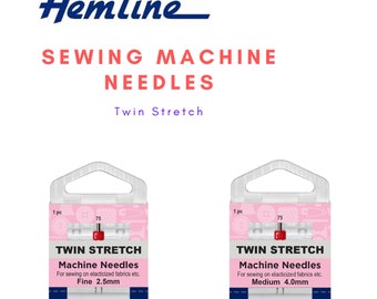 May include: Two packages of Hemline Twin Stretch sewing machine needles. The package on the left is for fine needles, 2.5 mm. The package on the right is for medium needles, 4.0 mm.