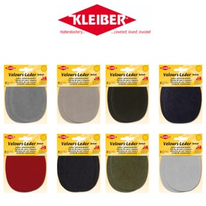 May include: A set of eight pairs of round, gray, beige, black, navy blue, red, dark green, and light gray fabric patches. Each pair is packaged in a yellow and white card with the text "Velours-Leder Imitat" and the brand name "KLEIBER".
