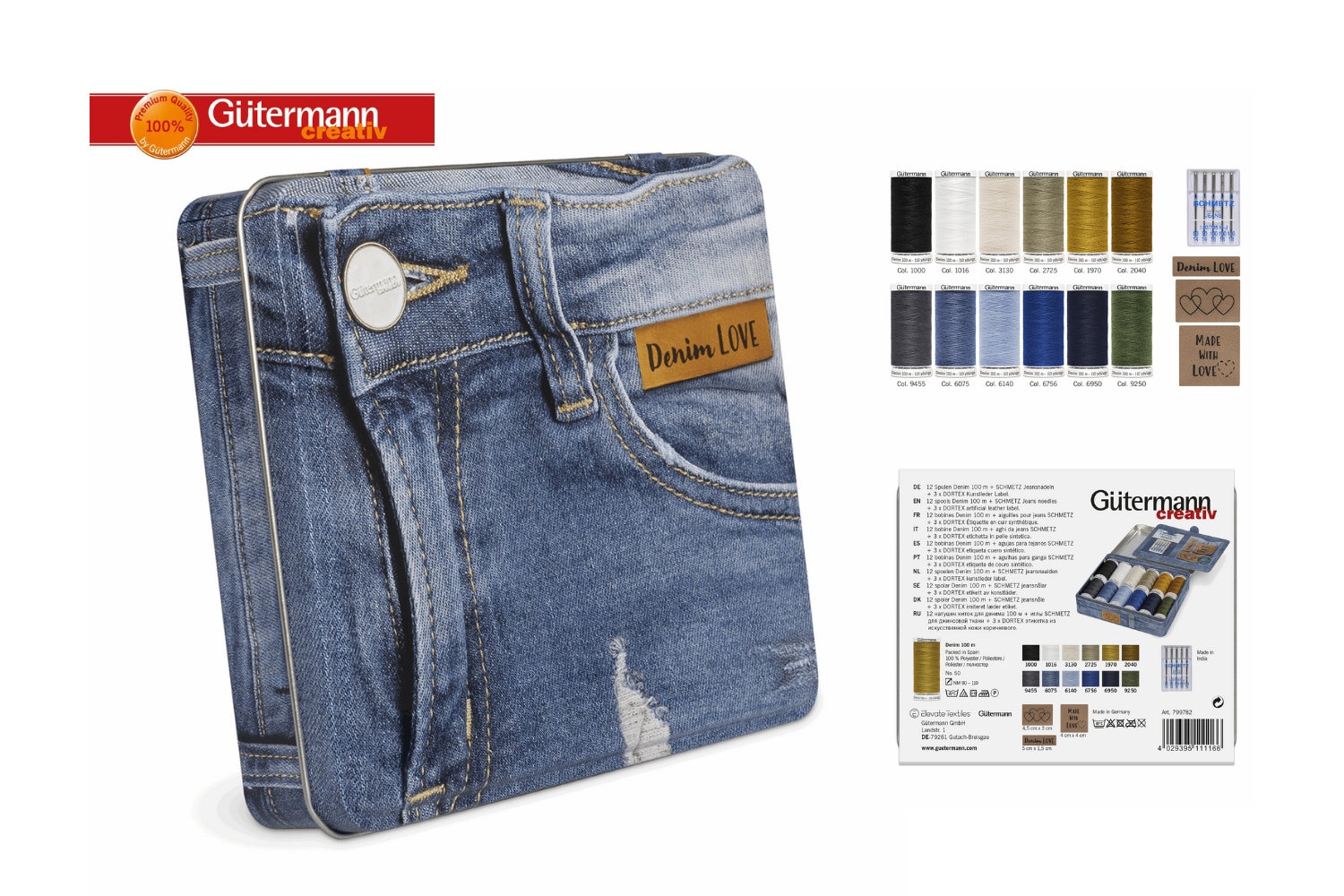 Gutermann 糸収納缶 - デニム糸（針とラベル付き）：12 x 100 m 