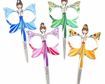 1 Pair Small Angel Embroidery Scissors - 4"/10cm Sharp Point Crafts Trim Threads - Green / Blue / Pink / Yellow