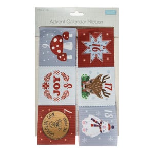May include: A red, white and blue advent calendar ribbon with a variety of Christmas-themed designs, including a mushroom, a star, a deer, and a polar bear. The ribbon is 73mm wide and 1.73m long.