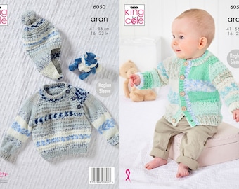 King Cole Pattern 6050 - Sweater - Jacket - Hat - Baby - Aran - Knitting