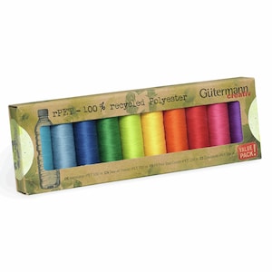 May include: A box of Gütermann creativ rPET-100% recycled polyester thread spools in a rainbow of colors. The box features a bottle graphic and text that reads "rPET-100% recycled Polyester". Each spool contains 100 m of thread.