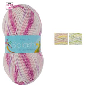 May include: A ball of King Cole Splash double knitting yarn in shades of pink, purple and white. The label reads "Splash" and "double knitting". Two smaller yarn samples are to the right.
