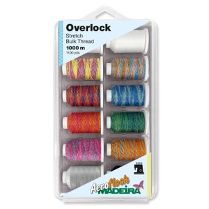 May include: A pack of 10 spools of Madeira AeroFlock Overlock Stretch Bulk Thread in assorted colors. Each spool contains 1100 yards (1000 meters) of thread.