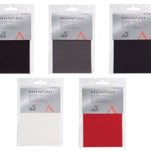 May include: Five packs of Milward Nylon Repair Sheet in black, grey, dark grey, white and red. Each pack contains a 100x200 mm sheet.