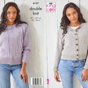 May include: Two women modeling knitwear. The left model wears a lilac crew neck sweater with a textured vertical panel. The right model wears a light gray button-up cardigan. Both are wearing blue jeans. Text on the image reads "double knit" and measurements 32-50 inches.