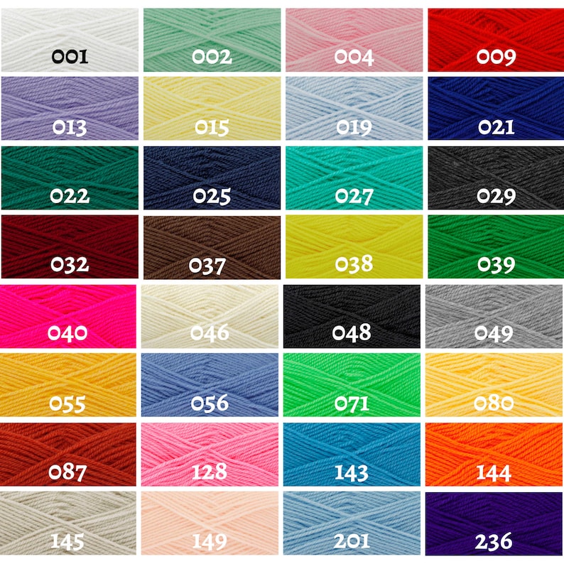 May include: A chart of yarn colours with corresponding numbers. The colours include white, green, pink, red, purple, yellow, blue, black, brown, grey, orange, and more.