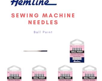 Puede incluir: Cuatro paquetes de agujas para máquina de coser Hemline Ball Point. Cada paquete contiene seis agujas y está etiquetado con el tamaño de la aguja: Fina 70/10, Media 80/12, Media 90/14 y Gruesa 100/16.