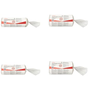 Può includere: Quattro rotoli di ovatta di bambù 100% bianca, ognuno avvolto in plastica trasparente ed etichettato "100% Bamboo Wadding".