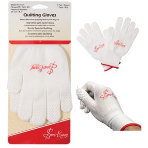 May include: A pair of white quilting gloves with a red trim and rubberized gripping material on the fingers. The gloves have the text "Sew Easy" printed on them in red.